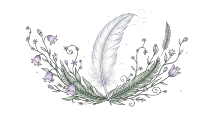 Delicate floral arrangement with feather isolated on transparent background