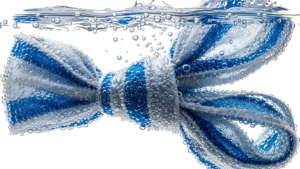 Blue and white bow submerged in water with bubbles isolated on transparent background