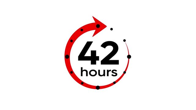 42 hours timer with red circular arrow and black dots on white background clock countdown red circle