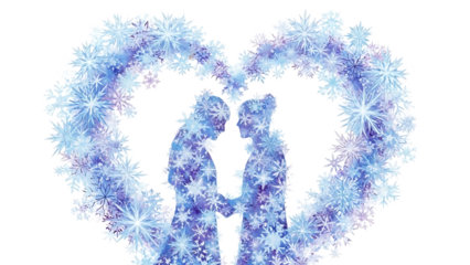 Couple holding hands inside heart shape made of snowflakes isolated on transparent background