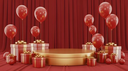 Luxurious Gold Podium with Red Balloons and Gift Boxes for Holiday Product Display