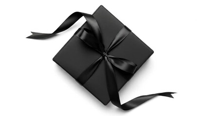 A square black gift box with a satin black ribbon tied in a bow against a white background