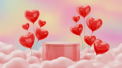 Pastel Pink Cylinder Podium with Floating Red Heart Balloons and Soft Clouds