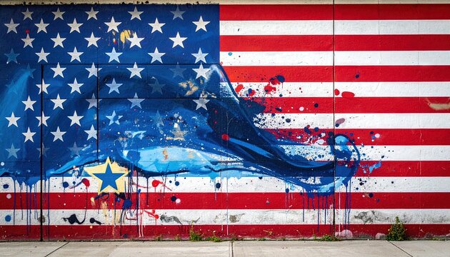 Painted abstract american flag with red white and blue stras and stripes