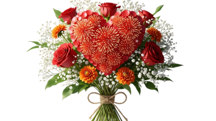 Beautiful bouquet with red heart shaped decoration for valentine day isolated on transparent background