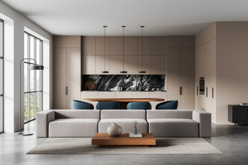 Fototapeta na wymiar Modern interior design of open-plan living room and kitchen with minimalist furniture, neutral tones, and stylish marble backsplash. 3D Rendering