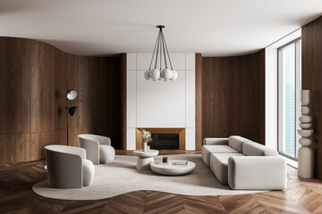 Modern minimalist living room interior with wood panel walls, neutral furniture, soft lighting, and contemporary decor in cozy apartment setting. 3D Rendering