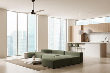 Plakat Modern minimalist open-plan living room and kitchen with green modular sofa and panoramic city views in natural light interior design concept. 3D Rendering