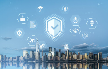 Futuristic insurance and protection concept with holographic icons over Manhattan skyline, NYC, representing safety, healthcare, and secure services.
