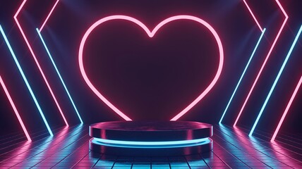 Futuristic Neon Heart Shape Over Dark Podium with Glowing Lights for Events