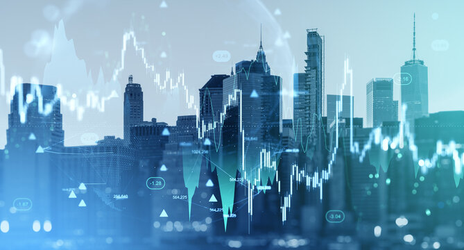 Digital financial chart with forex and crypto trade holograms over city skyline background illustrating investment and market data concept. - Powered by Adobe