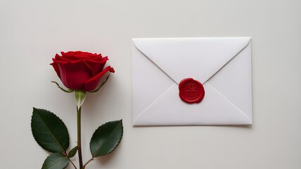 Single Red Rose and White Envelope with Wax Seal Top View on Clean Background