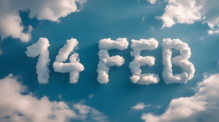 14 FEB Typography Formed by White Fluffy Clouds in Blue Sky