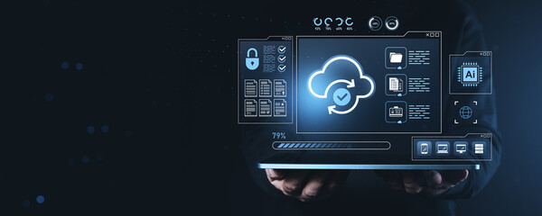 Cloud data storage and AI integration concept shown as digital hologram interface on futuristic dark background with tech symbols and digital elements.