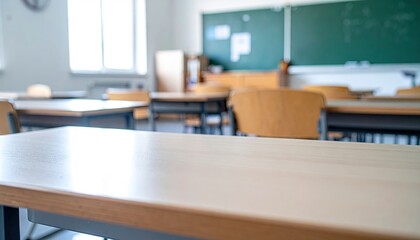 Clean classroom interior filled with student desks and a teacher desk with chalkboard and lessons on the walls