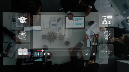 A dynamic business meeting showcasing professionals collaborating around a table, utilizing digital tools and data analysis to enhance decision-making and strategy development. Raster - Powered by Adobe