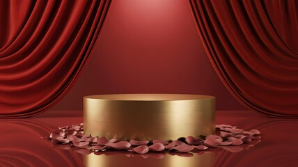 Luxurious Gold Cylinder Podium with Red Curtains and Rose Petals on Floor