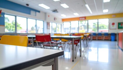 Clean classroom interior filled with student desks and a teacher desk with chalkboard and lessons on the walls