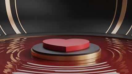 Red Heart Shaped Podium Floating on Dark Liquid Ripples with Gold Accents