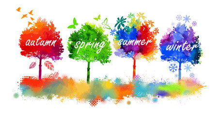 Trees are colorful at different times of the year. hand drawing. Not AI Vector illustration.