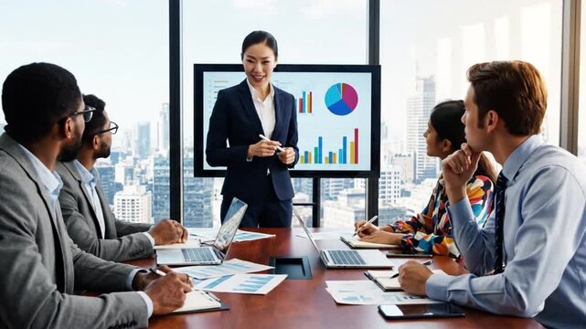 Businesswoman presenting data on screen to diverse group