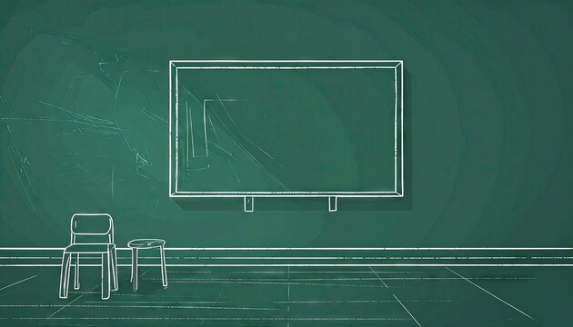 Drawing of a classroom with chalkboard drawn on chalkboard with chalk