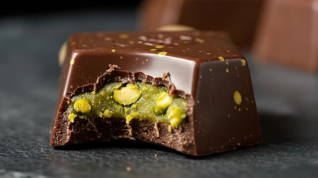 Delicious chocolate square with a creamy pistachio filling and a bite mark