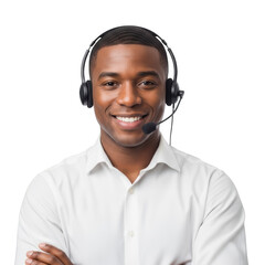 Smiling african american man with headset and white shirt, customer service representative or call center agent isolated on transparent background