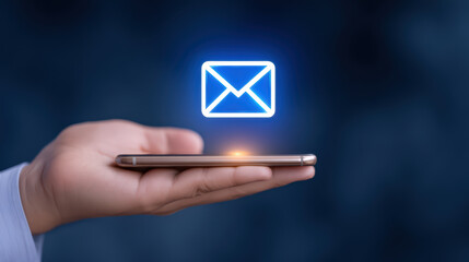 Email icon above smartphone held in hand with dark blue background, symbolizing digital communication and messaging technology