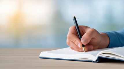 Close up of hand writing with black pen on open notebook on wooden table with soft natural light creating calm and focused atmosphere