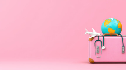 Travel suitcase globe airplane stethoscope medical concept on pink background with copy space for health tourism or global medical care