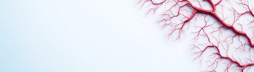 Red blood vessel network on white background, close up of vascular system with detailed branching, medical concept showing circulation and anatomy