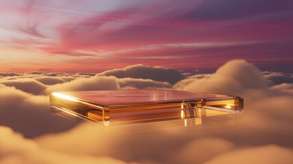 Glass Podium Floating in Orange Sunset Clouds with Reflection