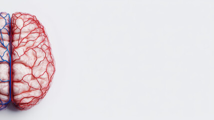 Brain anatomy close up showing detailed red and blue blood vessels on white background, minimal style with clear veins and arteries, medical concept with clean space