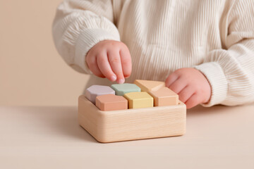 Toddler hand playing with pastel color wooden block toy on table, early childhood development and learning activity with soft natural light and cozy atmosphere