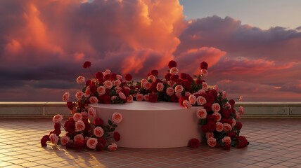 Pink Podium Surrounded by Red Roses with Dramatic Sunset Sky Background