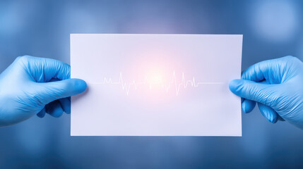 Medical gloves holding paper with heartbeat line glowing in center, symbolizing health care and life monitoring in clean blue background