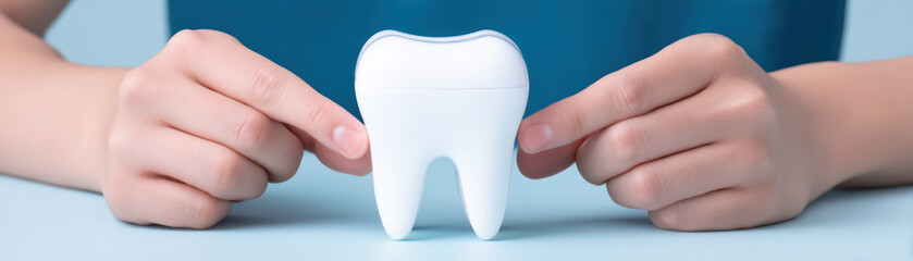 White tooth model held by hands on blue background, symbolizing dental care and oral hygiene, close up of fingers gently touching dental figure with soft lighting