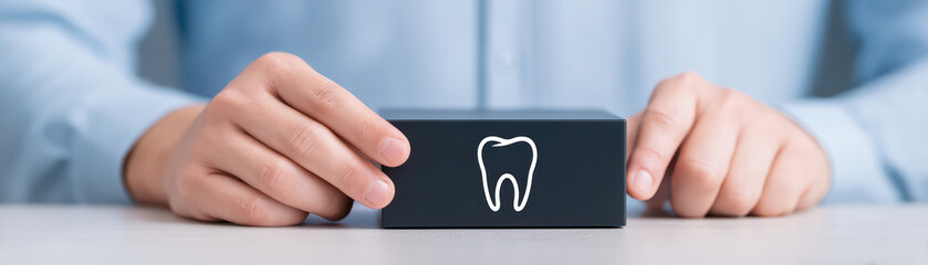 Hands holding black box with white tooth icon, symbolizing dental care or oral health concept, minimal style close up of hands adjusting small digital device