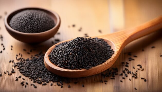 Black Cumin Seeds On A Wooden Spoon Next To A Small Bowl