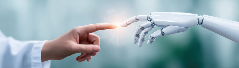 Human hand and robotic hand almost touching with glowing light, symbolizing technology connection and innovation in futuristic concept