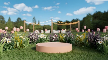 Pink Podium in Green Grass Field with Spring Flowers and String Lights