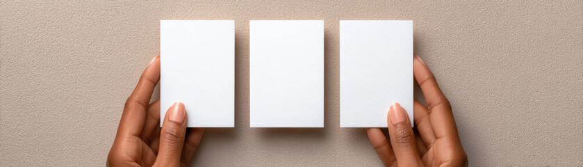 Blank white flashcards held by hands on textured surface, minimal style close up of fingers organizing three rectangular cards, concept of choice, decision, or presentation