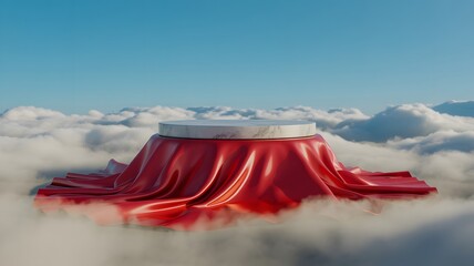 Marble Podium with Red Silk Skirt Floating in Clouds and Blue Sky