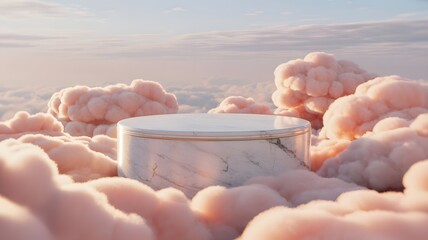 White Marble Podium Floating in Soft Pink Fluffy Clouds