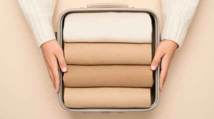 Minimalist style close up of hands packing neatly folded beige and cream sweaters in small suitcase on beige background, showing organized travel preparation with warm clothing