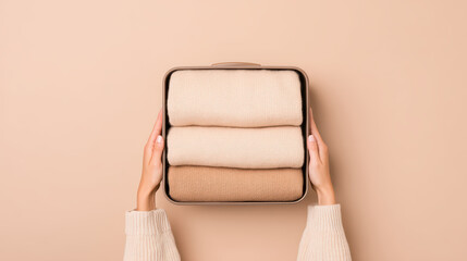 Hands holding neatly folded knitwear in compact box on beige background, showcasing minimal style and organized packing with soft neutral tones and cozy textures