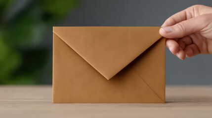 Brown envelope held by hand on wooden table with blurred background, minimal style close up of hands placing paper mail with natural light and soft focus