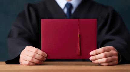 Graduation certificate holder in hands of person wearing black gown and blue tie, symbolizing academic achievement and success in education