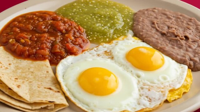Plated meal with fried eggs, tortillas, salsa, tomatillo sauce, and refried beans